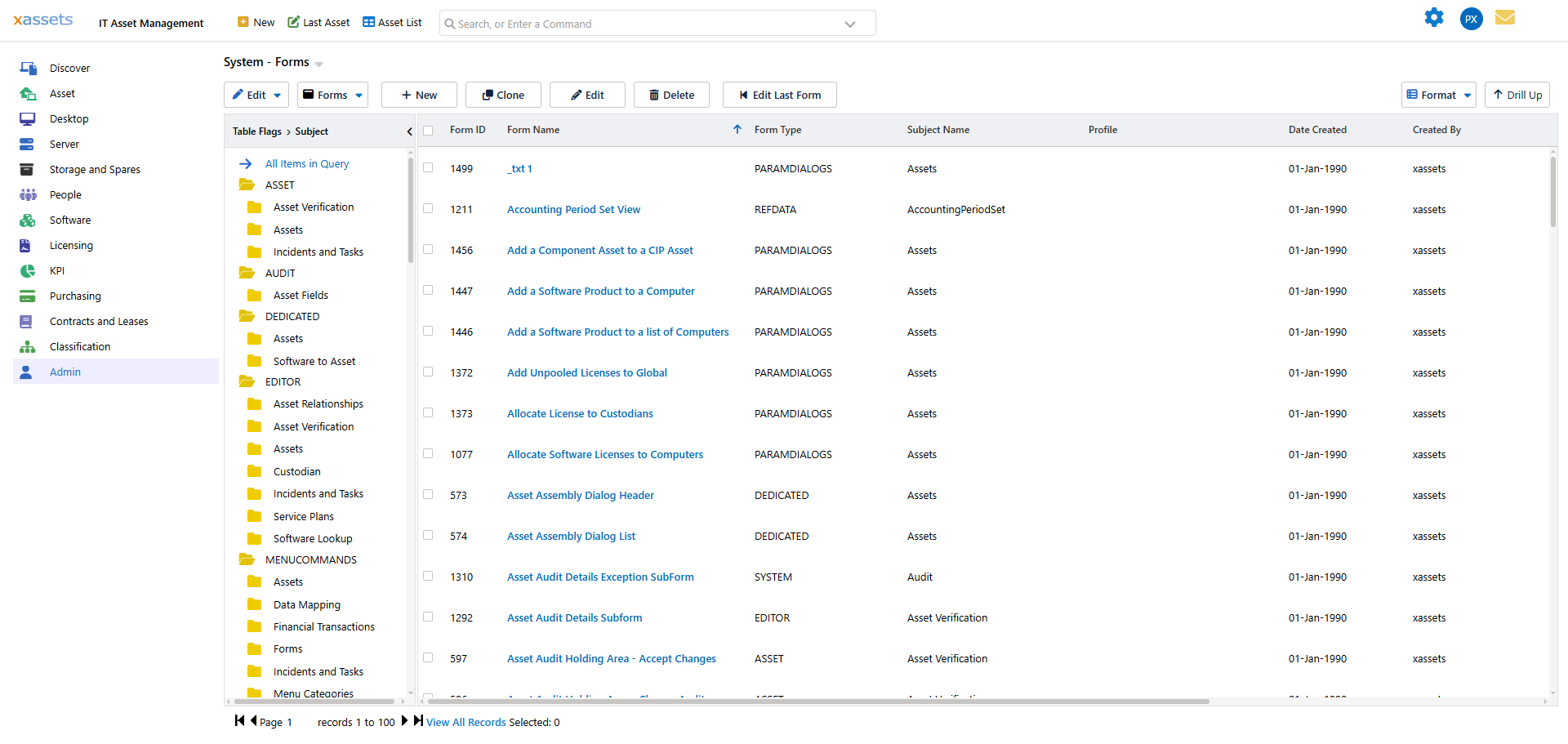 The Form Editor dialog showing fields: ID, Form Name, Width, Height, Profile, Subject, Form Type, Category Group, Category, Querystring