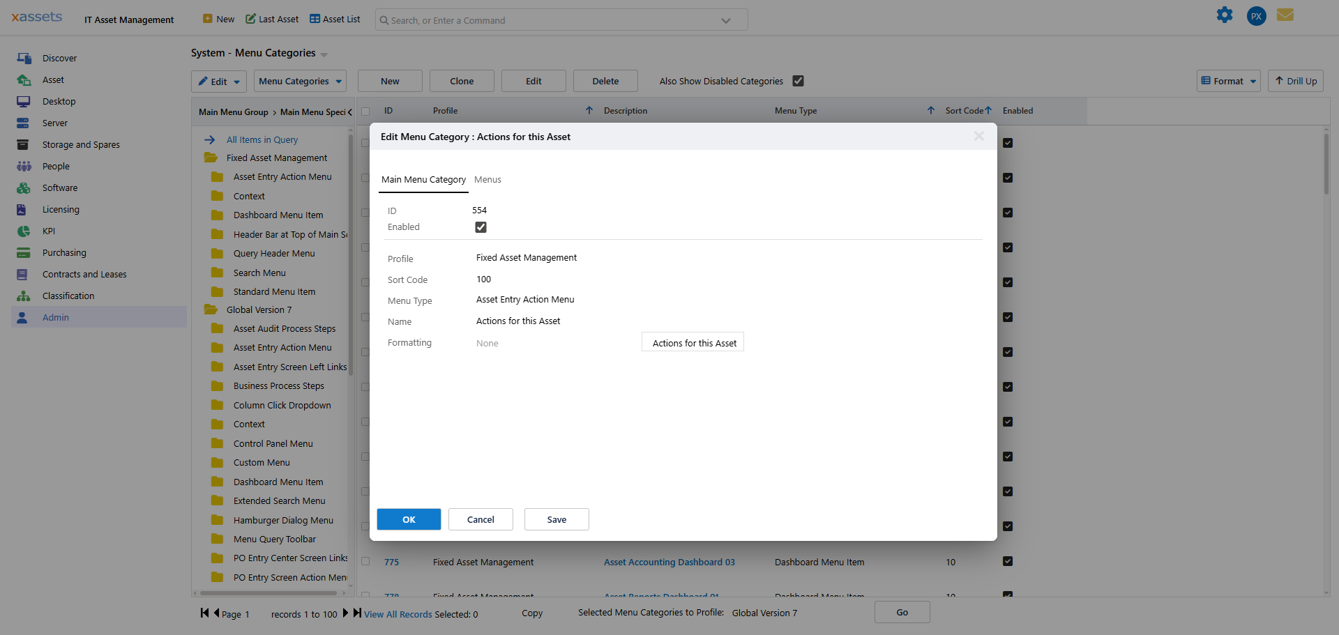 Menu Category Editor dialog showing fields: ID, Enabled, Profile, Sort Code, Menu Type, Name
