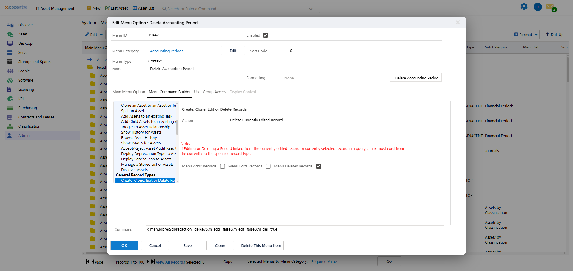 The Menu Command Builder tab showing command types on left and options on right