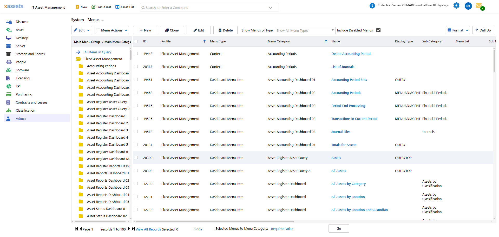 The Menu Editor list screen accessed from Admin > Menus > Menus, showing query of menu items with tree on left