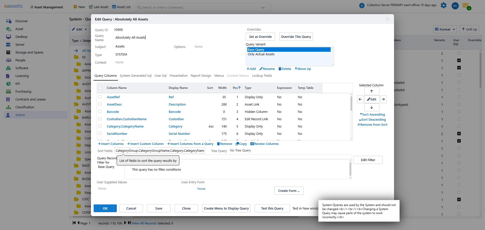 Query Columns tab showing list of columns with Insert Columns, Insert Custom Column, and Delete options