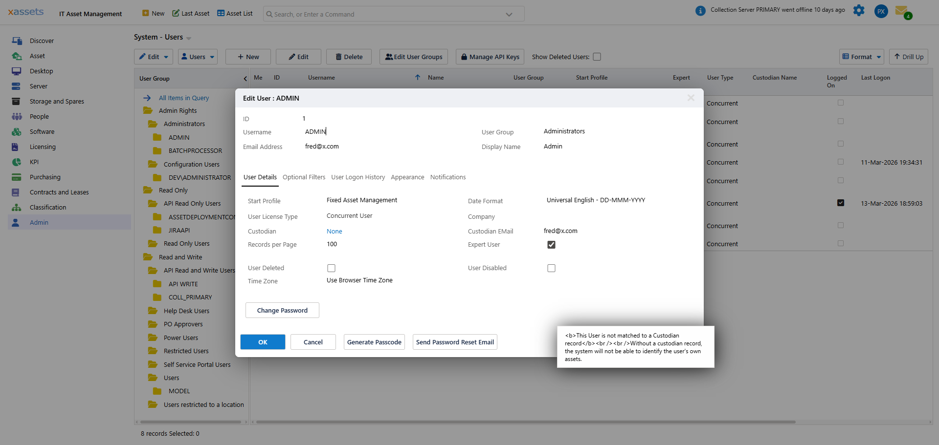 User Editor dialog showing fields: User ID, User Group, Start Profile, Records per page, Expert user, Company, Custodian, Password