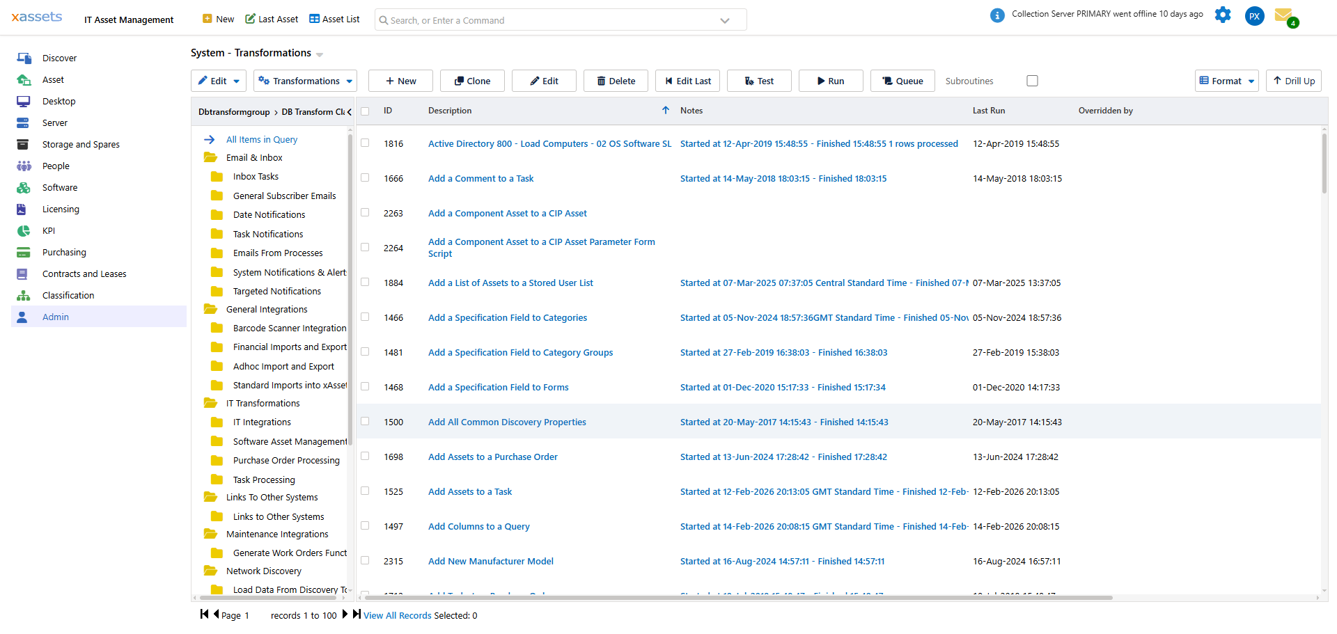 The Data Transformation menu accessed from Admin > Transformations showing transformation list