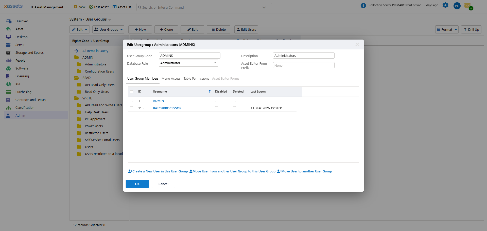 User Group Editor dialog showing fields: User Group Code, Description, Database Role, Asset Editor Form Prefix