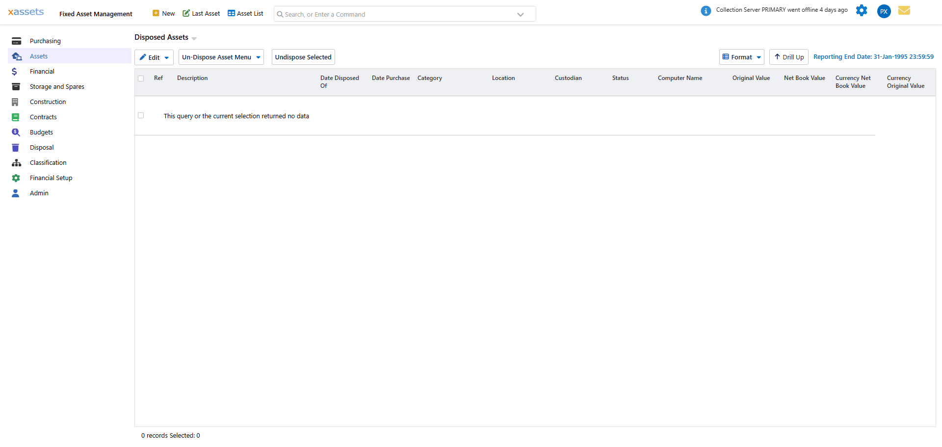 Disposed Inventory query showing assets that have been disposed of with financial info