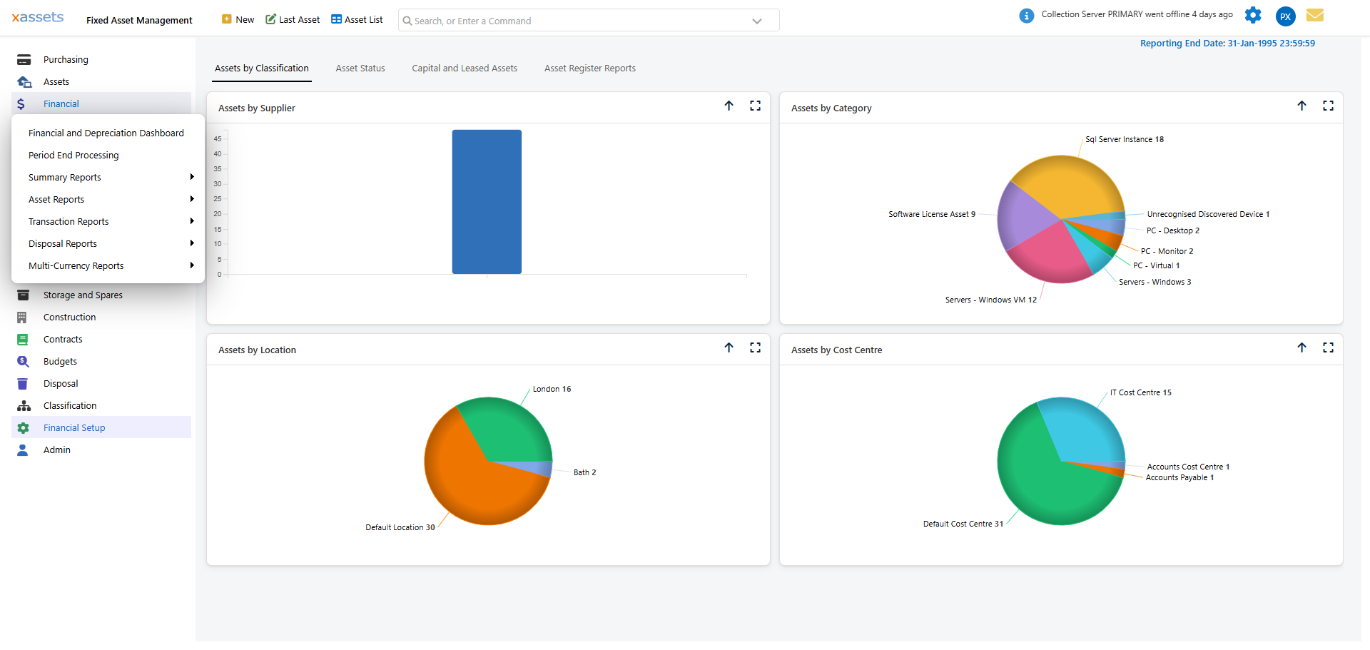 Financial menu expanded showing Financial and Depreciation, Asset Accounting, Depreciation Setup, and reporting submenus