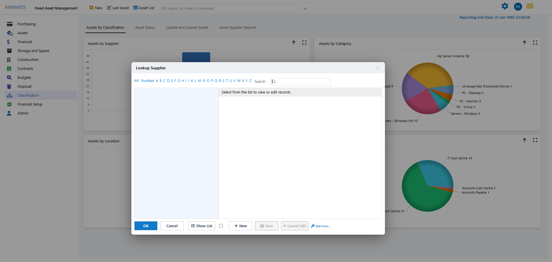 Suppliers list from Classification menu showing existing suppliers