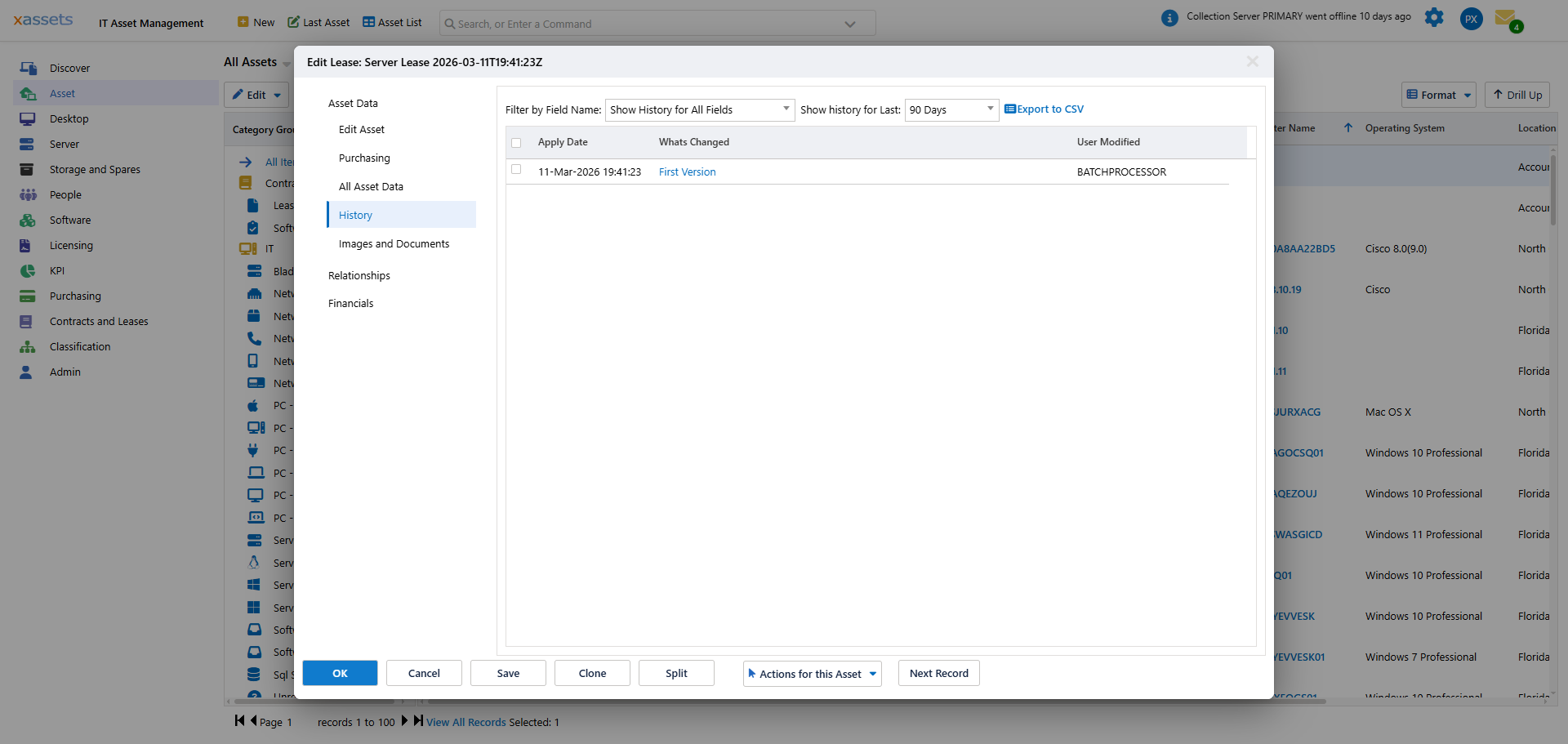 Asset History screen showing editing history for an asset