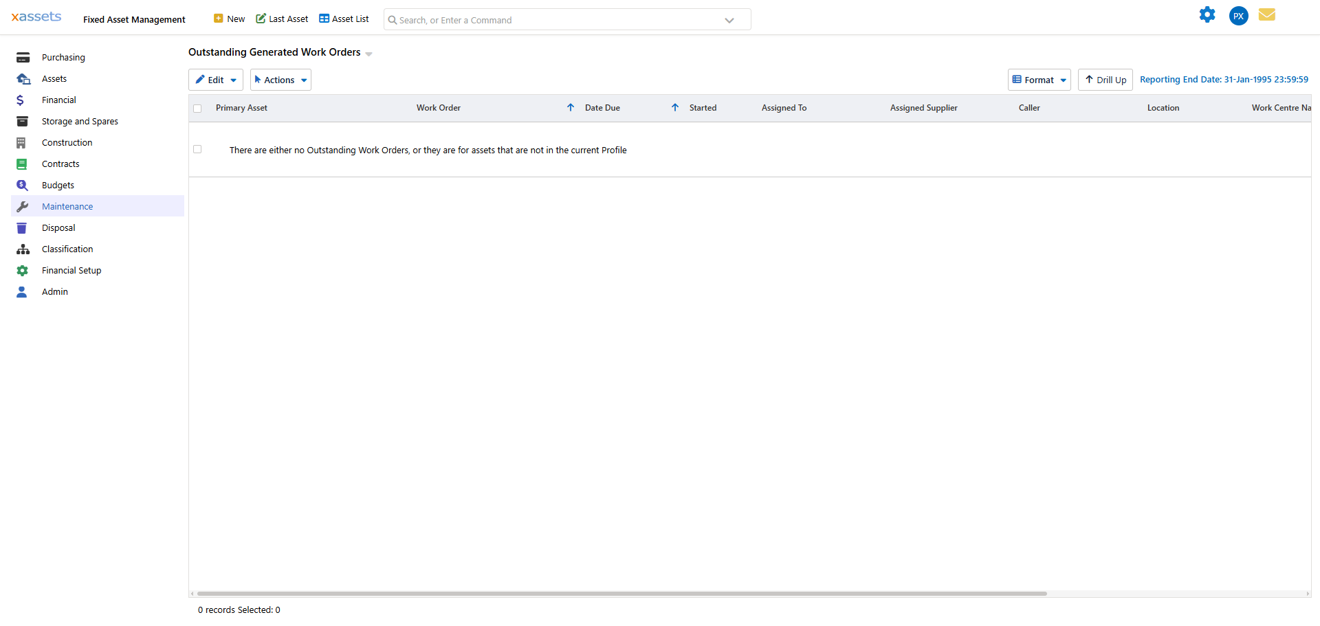 Generate Work Orders for Specified Assets dialog
