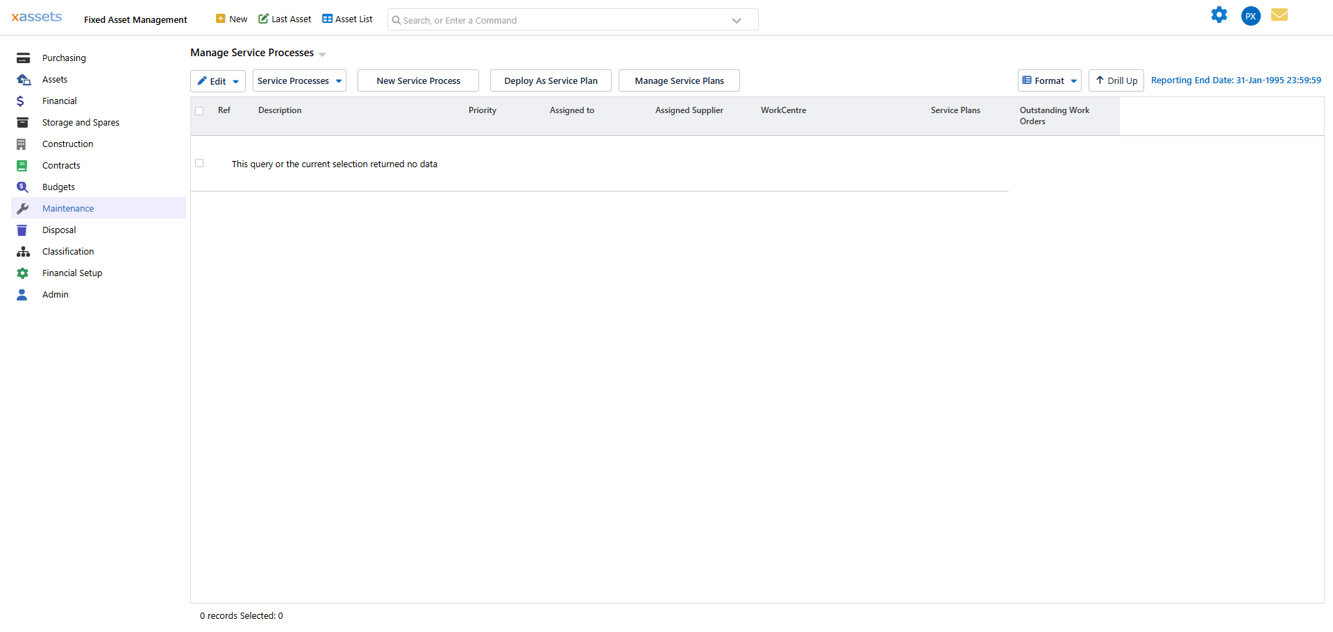 The Manage Service Processes list showing existing service processes