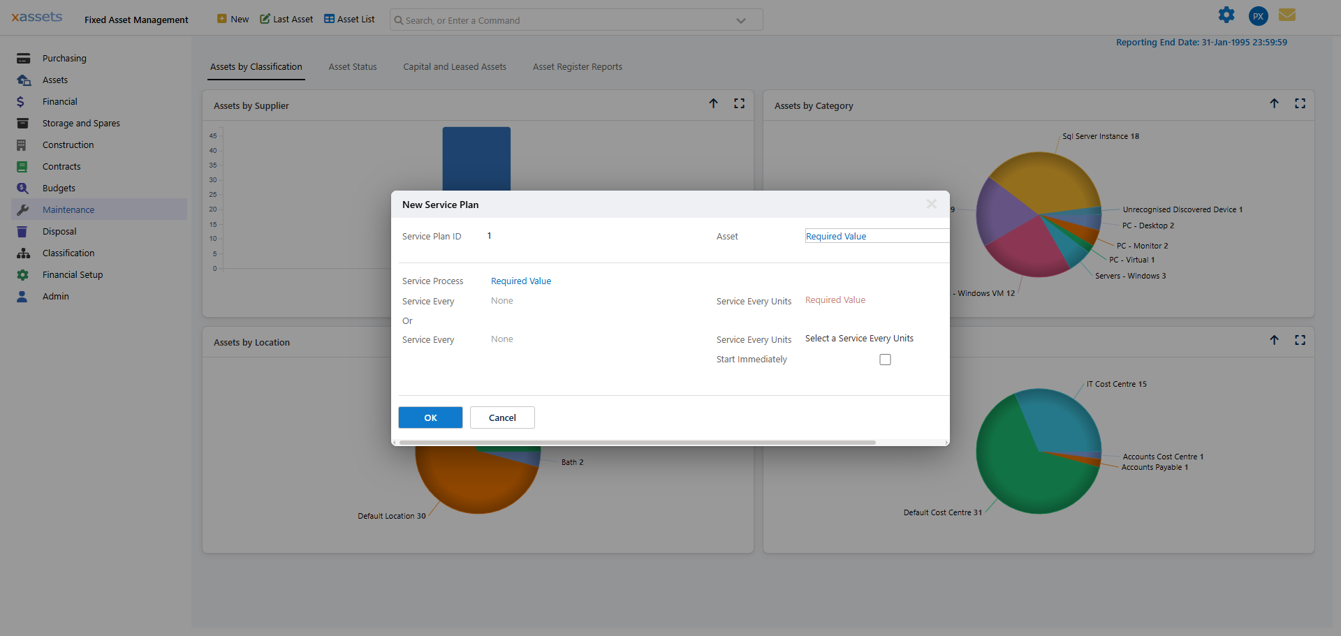 Asset Service Data showing clock readings and estimated usage