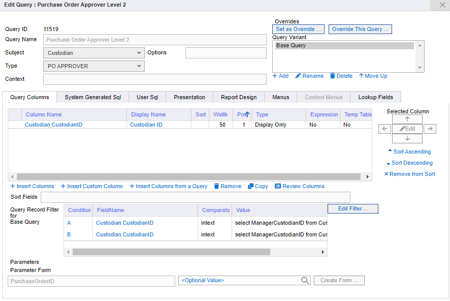 Purchase order approval level query configuration