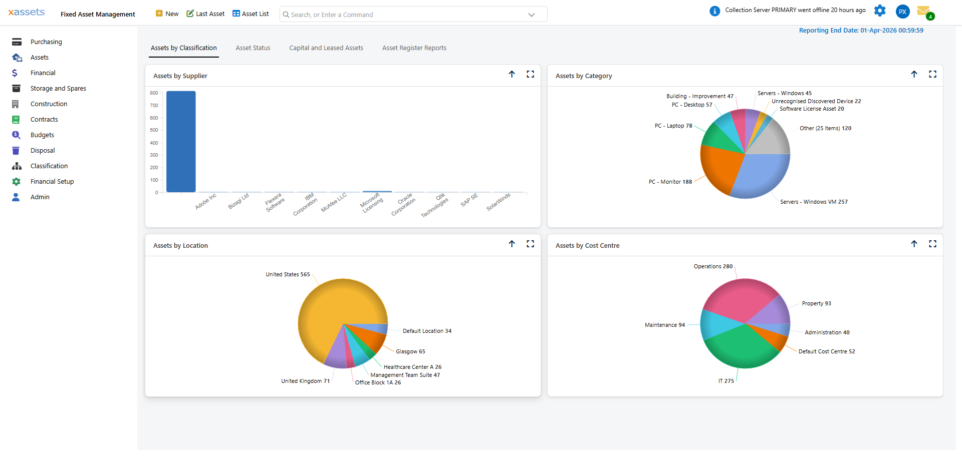 Screenshot of the home page dashboard in xAssets Fixed Asset Management Software
