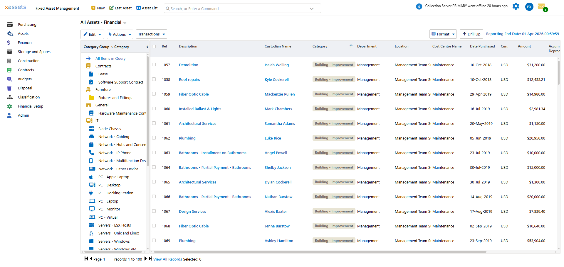 xAssets fixed asset register showing asset inventory list