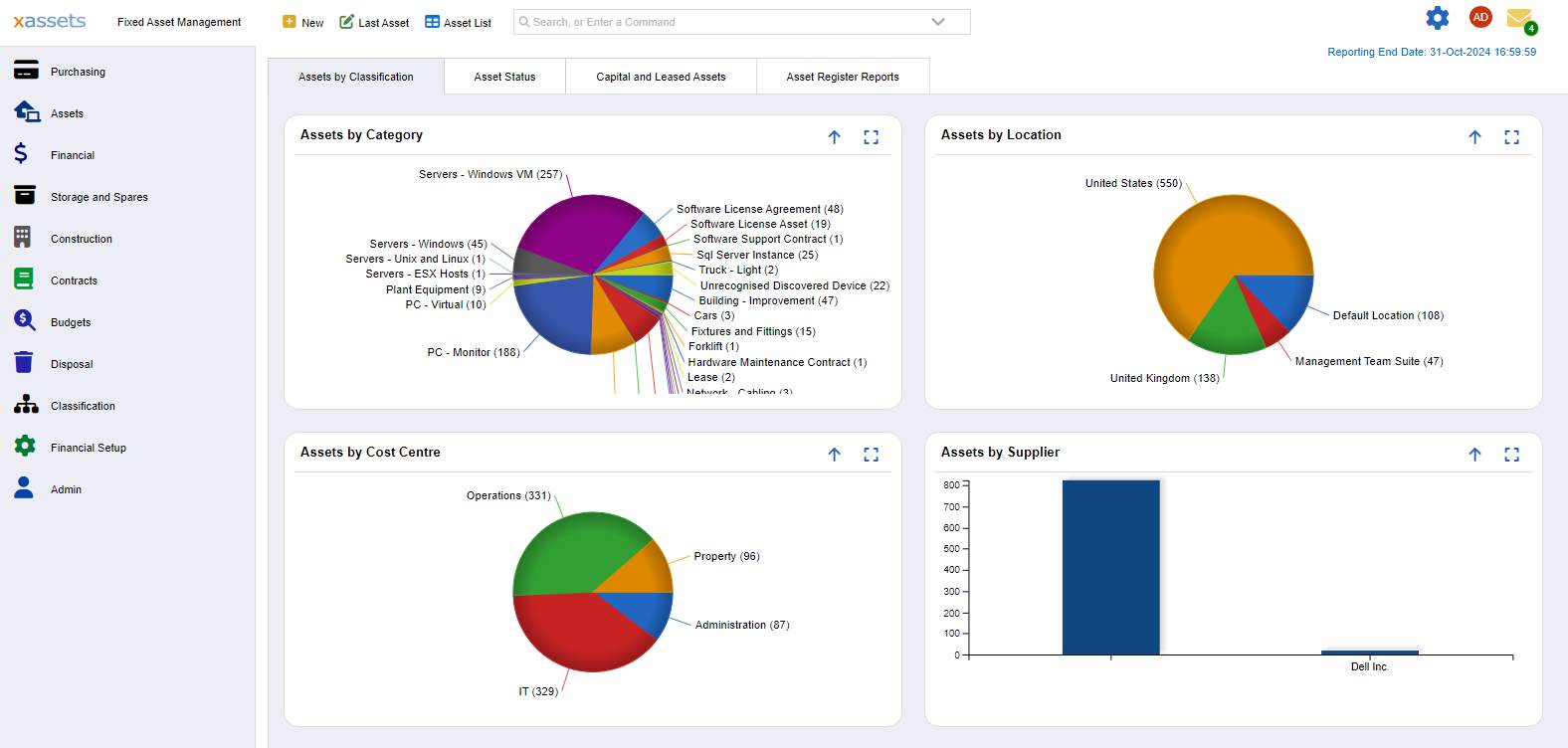 Screenshot of the home page dashboard in xAssets Fixed Asset Management Software