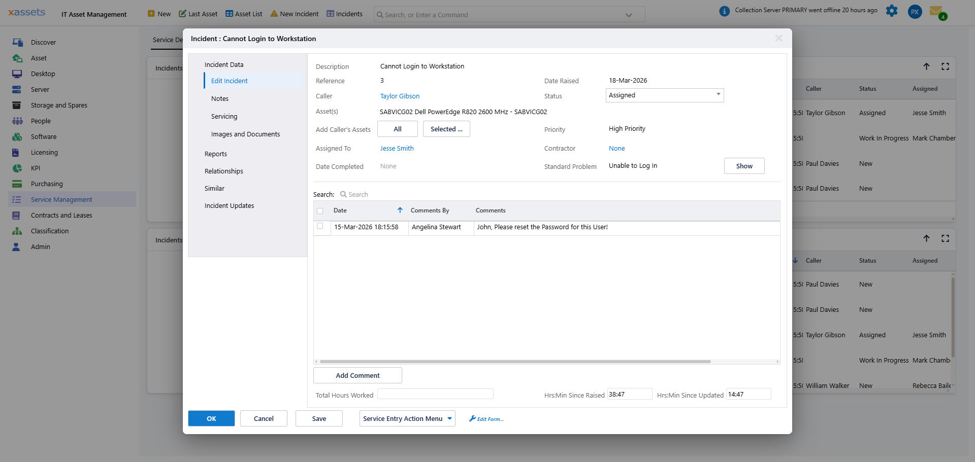 xAssets service management entry screen for tracking repair orders